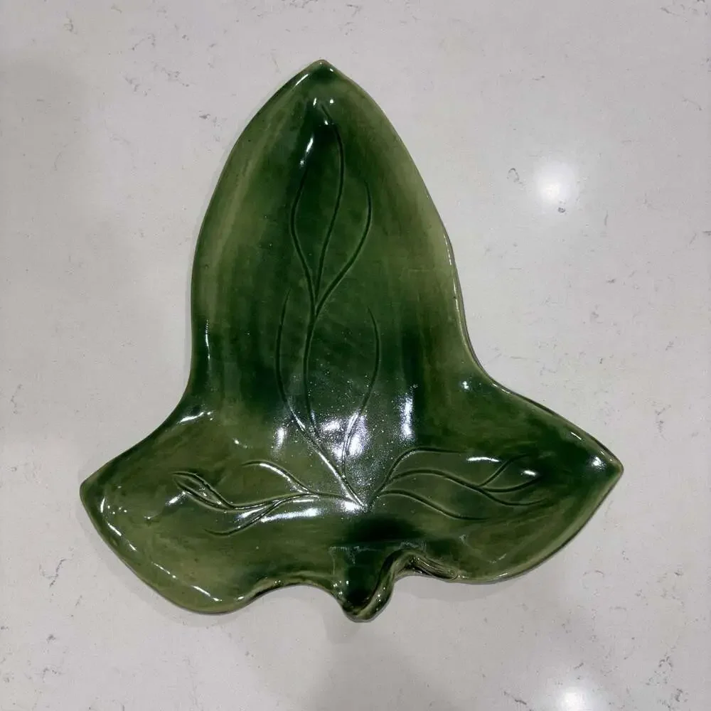 Vintage MCM Studio Pottery Green Ceramic Leaf Serving Tray